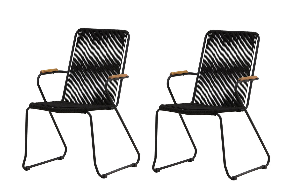 Bois karmstol 2-pack svart aluminium med svarta rep och akacia