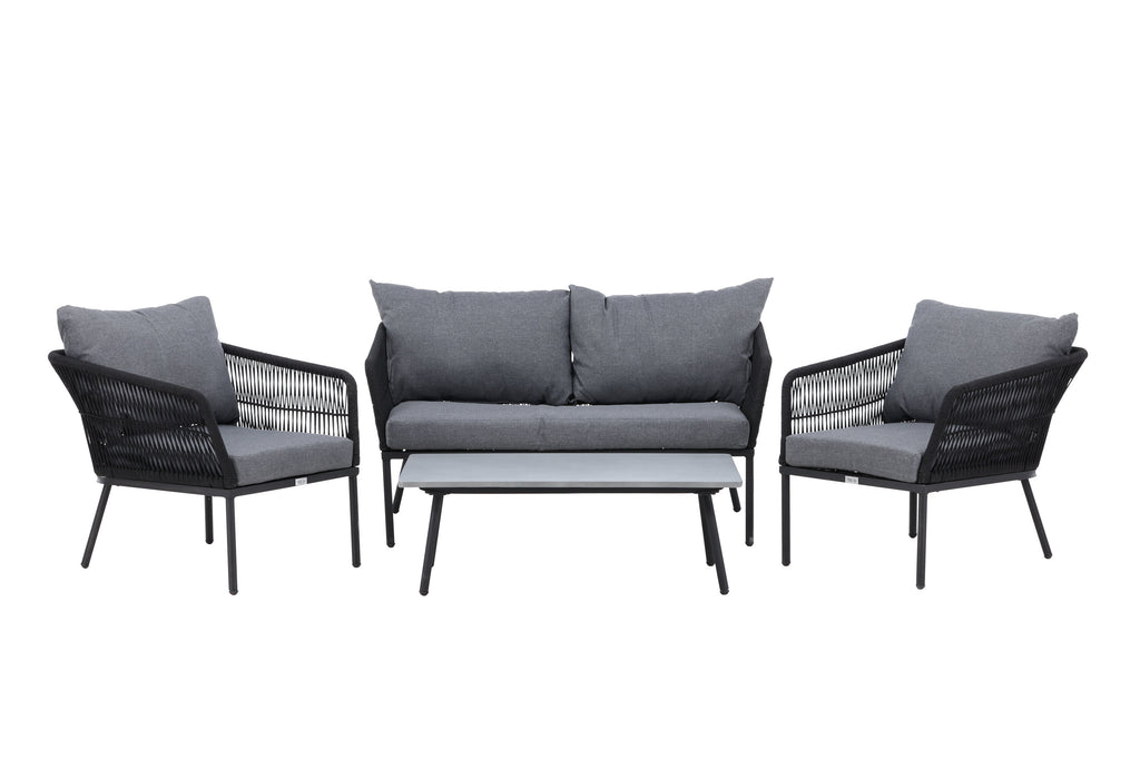 Lindos soffgrupp svart aluminium och svart rep med grå dynor