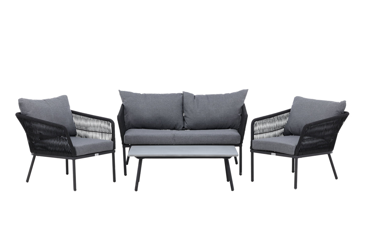 Lindos soffgrupp svart aluminium och svart rep med grå dynor