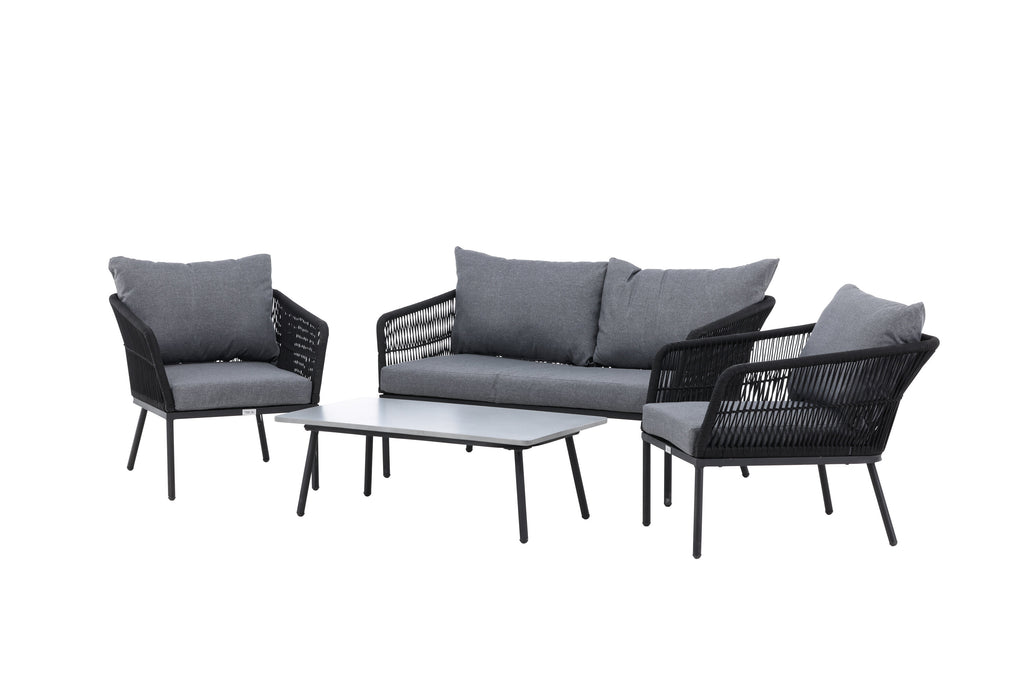 Lindos soffgrupp svart aluminium och svart rep med grå dynor