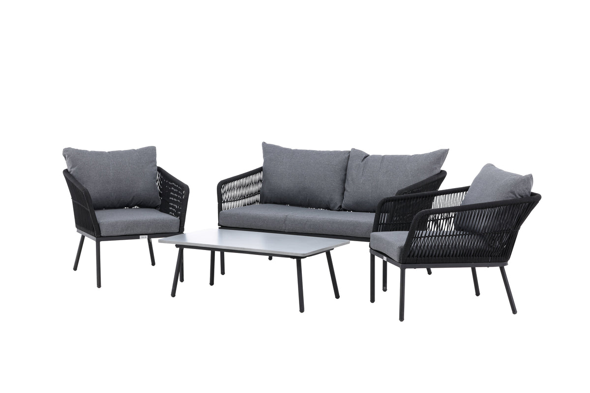 Lindos soffgrupp svart aluminium och svart rep med grå dynor