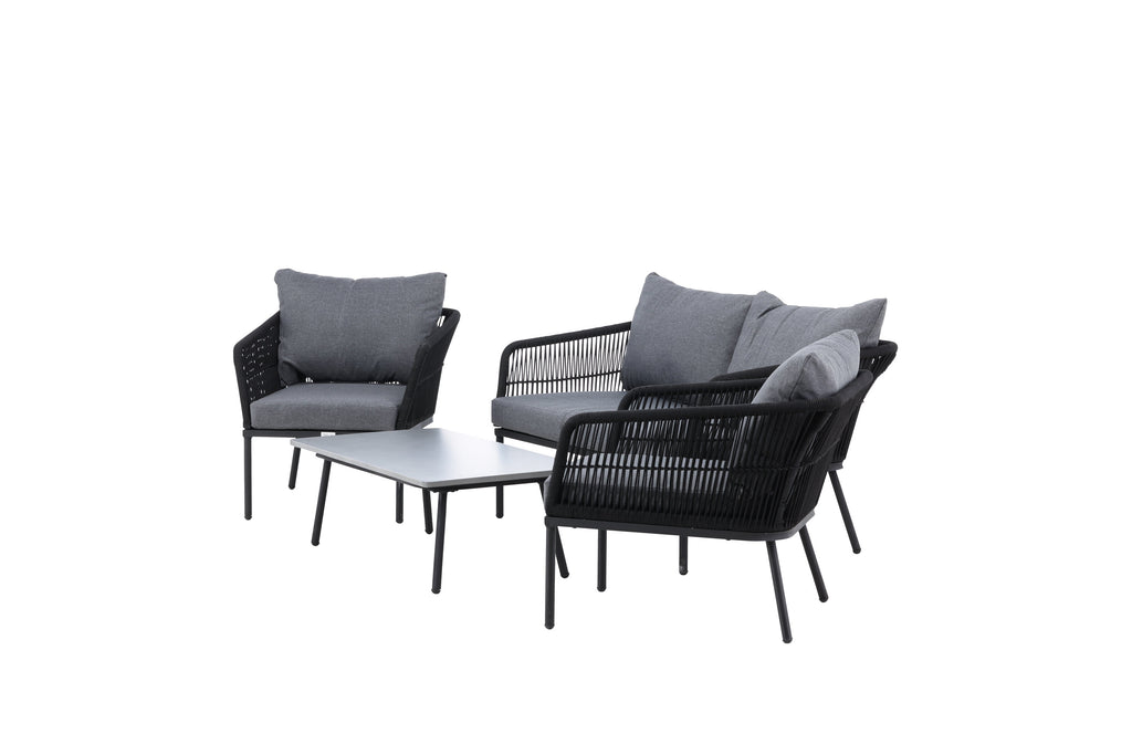 Lindos soffgrupp svart aluminium och svart rep med grå dynor
