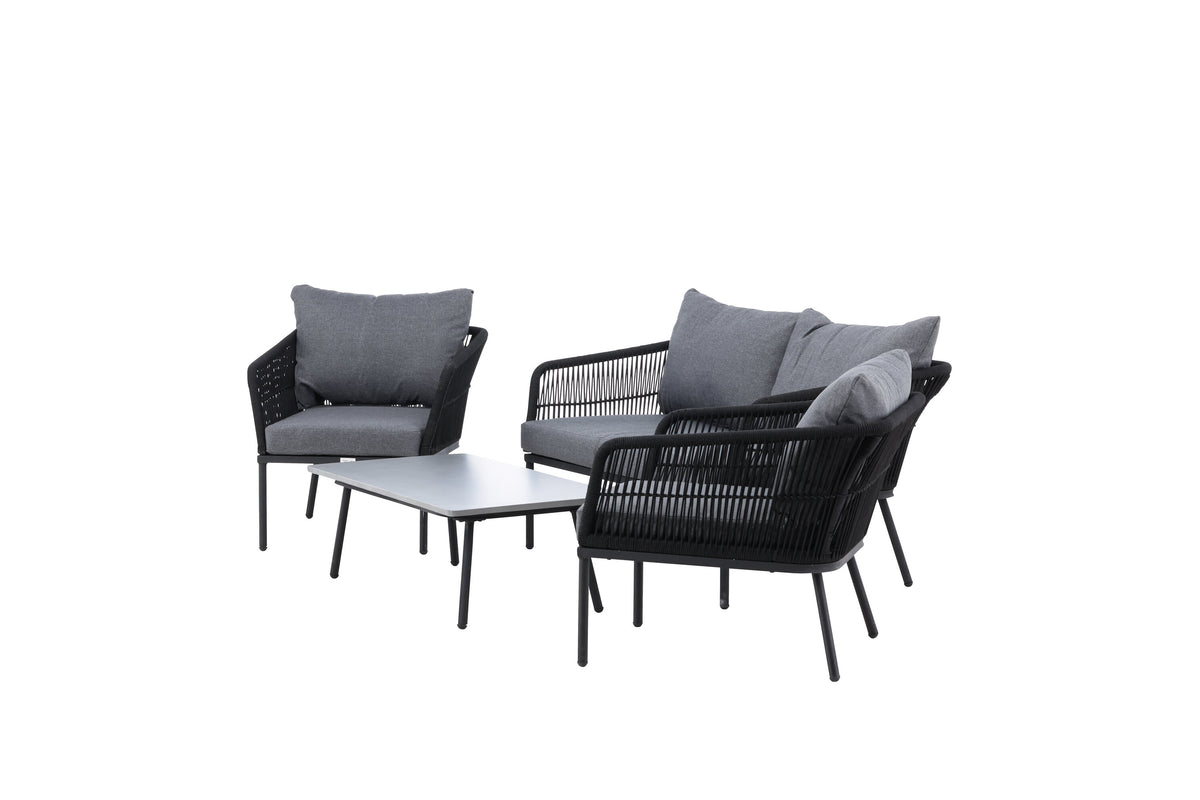 Lindos soffgrupp svart aluminium och svart rep med grå dynor