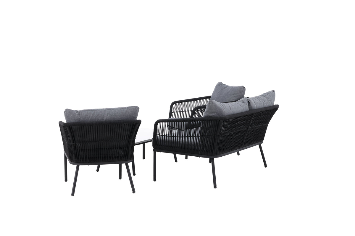 Lindos soffgrupp svart aluminium och svart rep med grå dynor