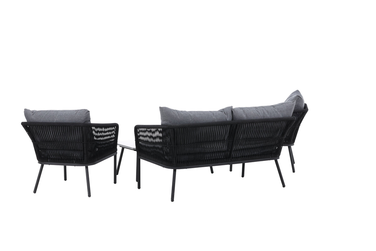 Lindos soffgrupp svart aluminium och svart rep med grå dynor