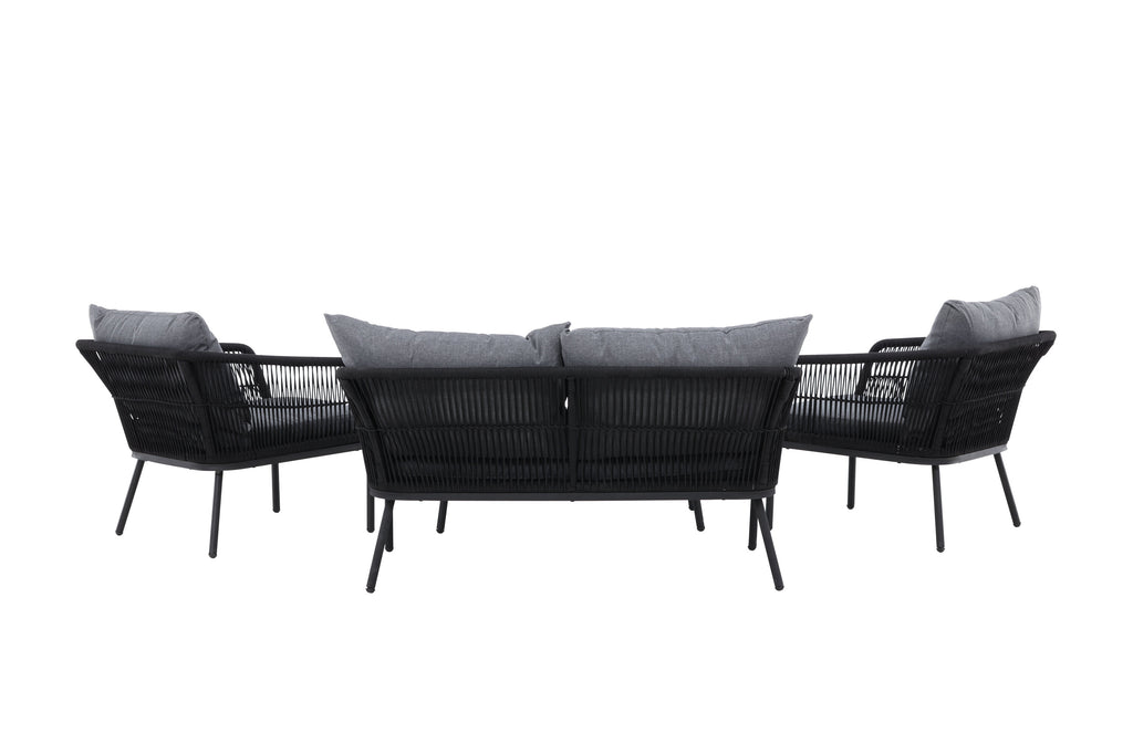 Lindos soffgrupp svart aluminium och svart rep med grå dynor