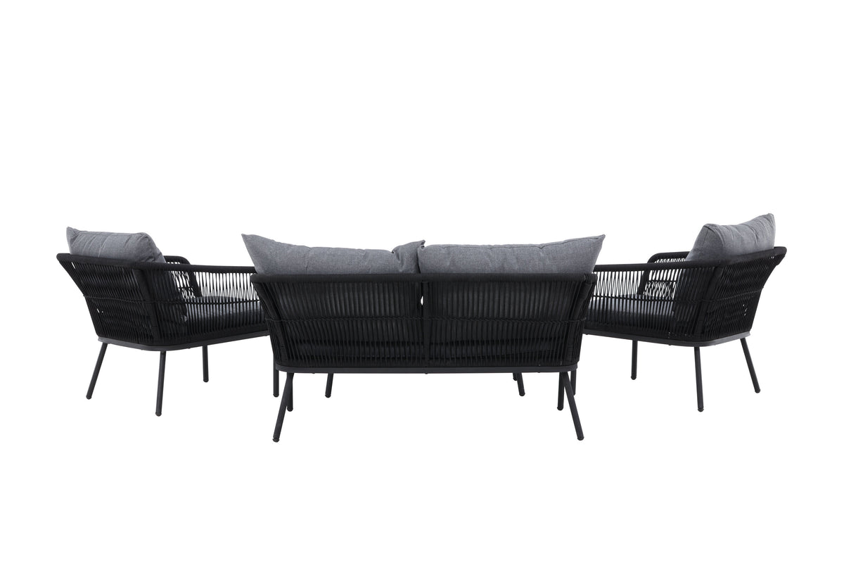 Lindos soffgrupp svart aluminium och svart rep med grå dynor