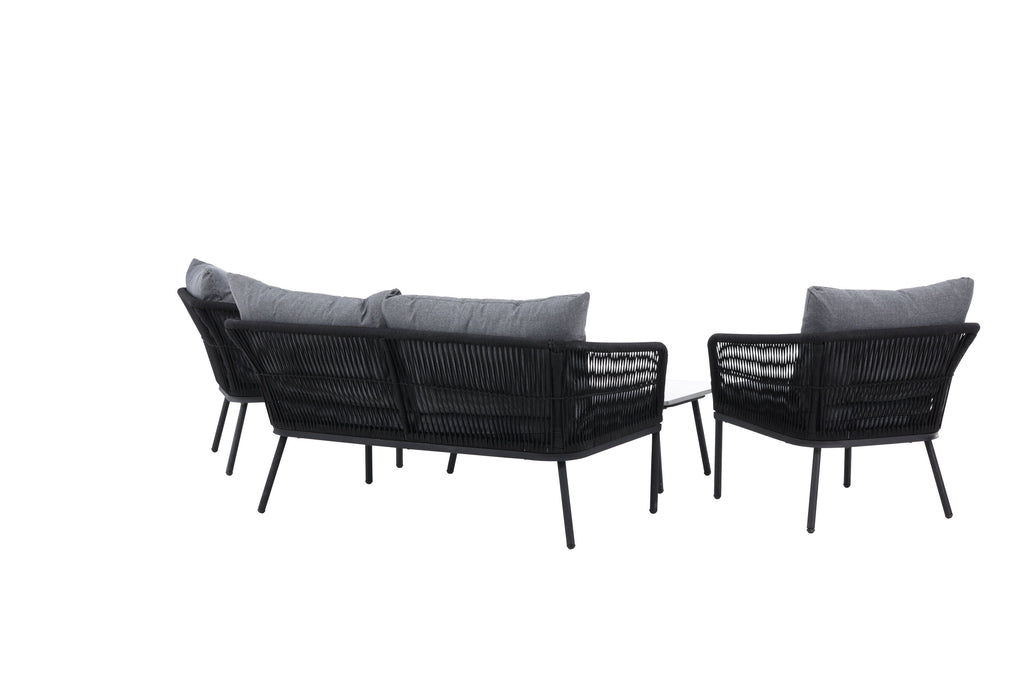 Lindos soffgrupp svart aluminium och svart rep med grå dynor
