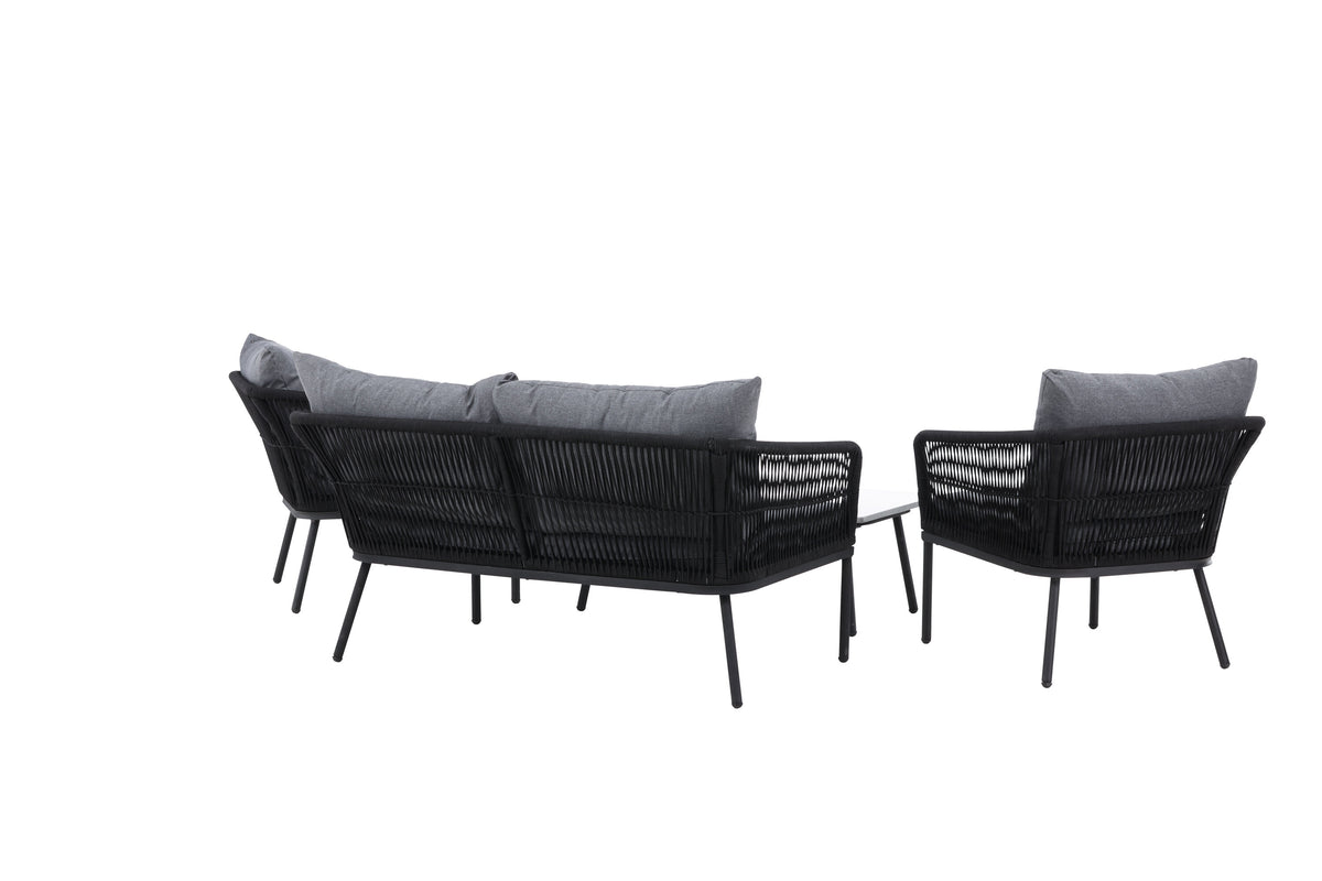 Lindos soffgrupp svart aluminium och svart rep med grå dynor