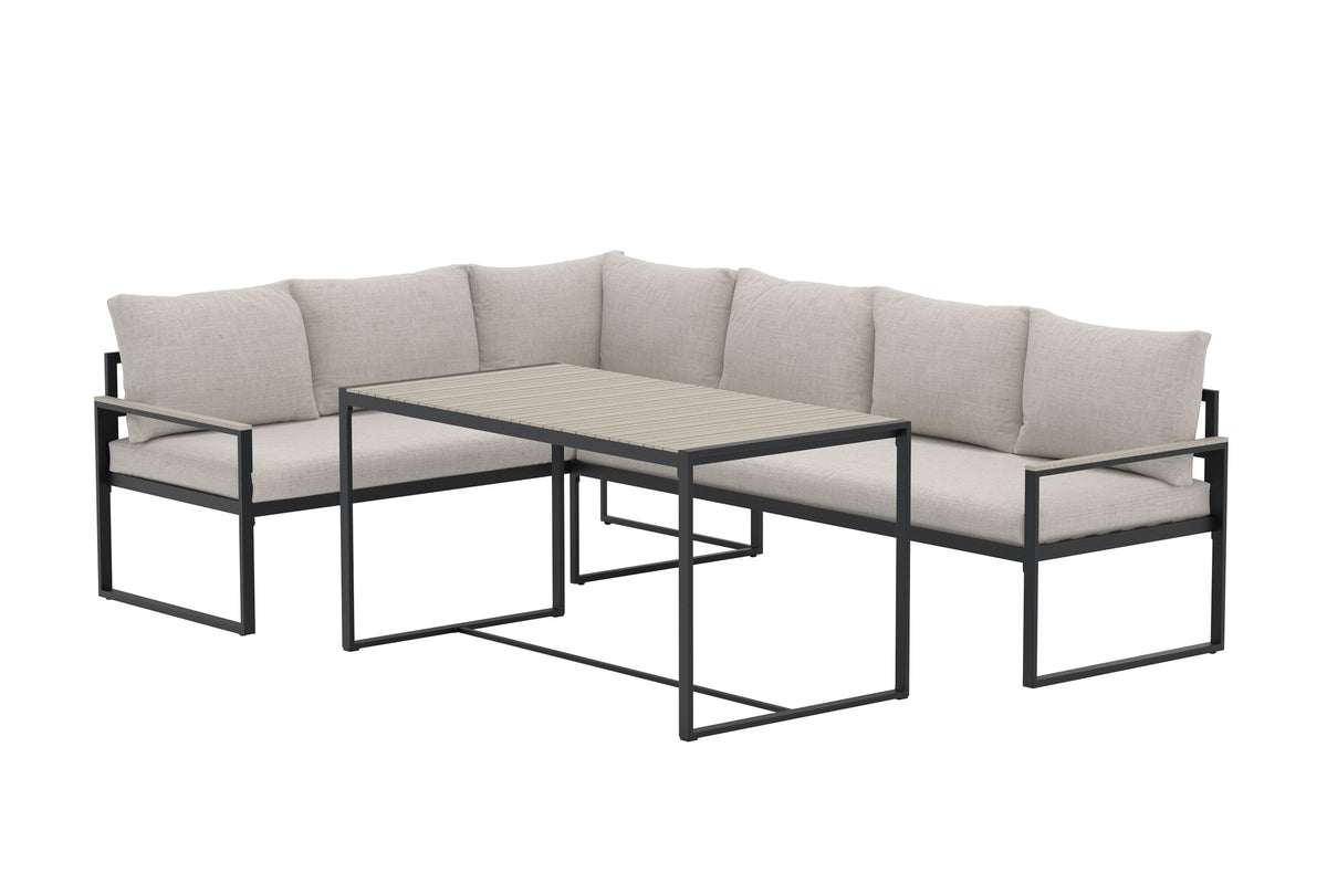 Ios hörnsoffgrupp brun/beige med träimitation i plast