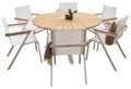 Mexico matgrupp Ø140 cm vit/teak med 6 stapelbara karmstolar