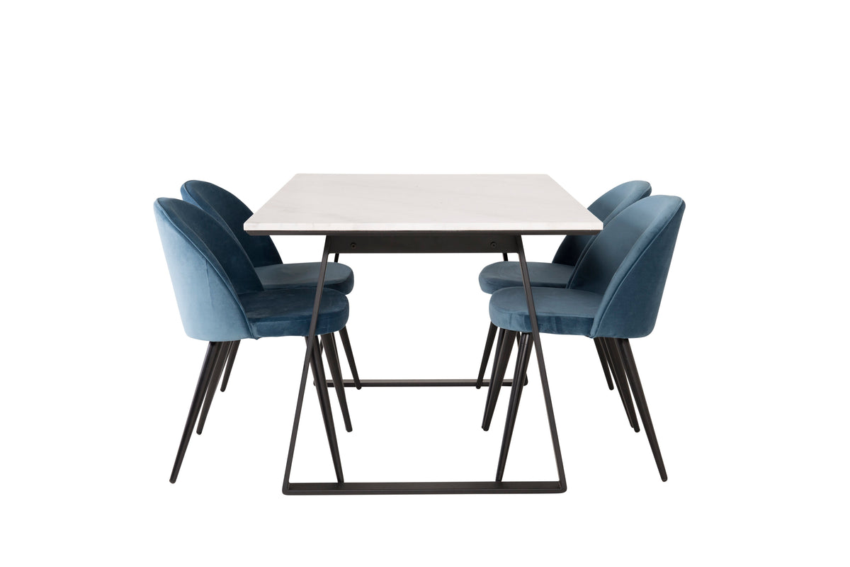 Estelle matbord 140x90 vit marmor/svarta ben med 4 sammet matstolar blå/svarta