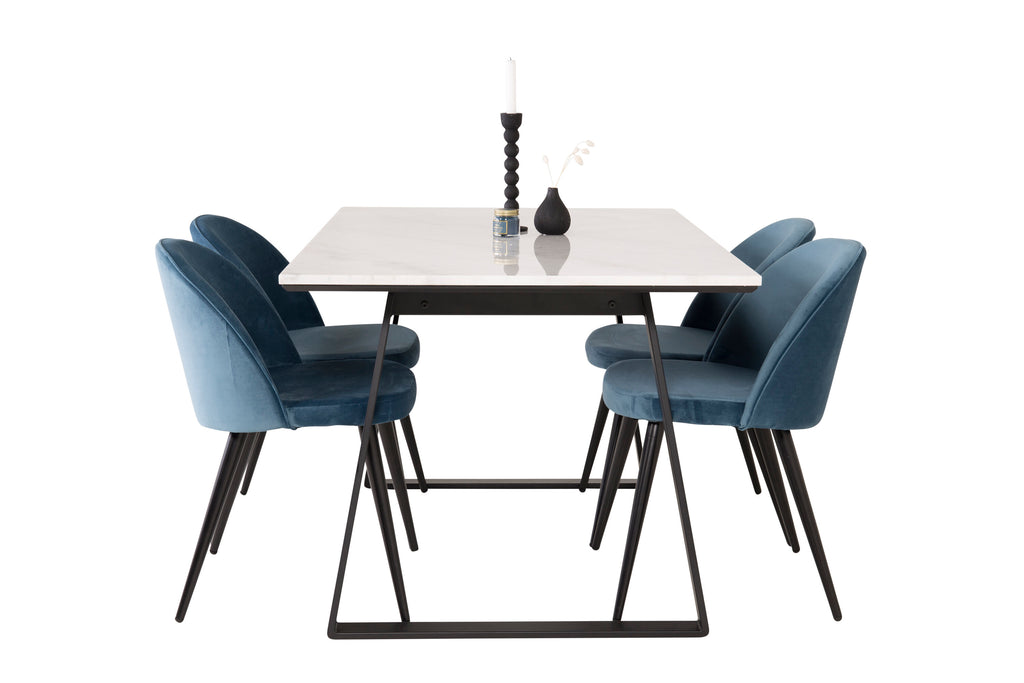 Estelle matbord 140x90 vit marmor/svarta ben med 4 sammet matstolar blå/svarta
