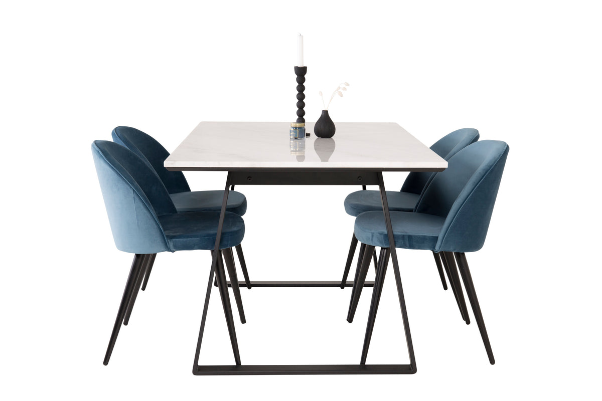 Estelle matbord 140x90 vit marmor/svarta ben med 4 sammet matstolar blå/svarta