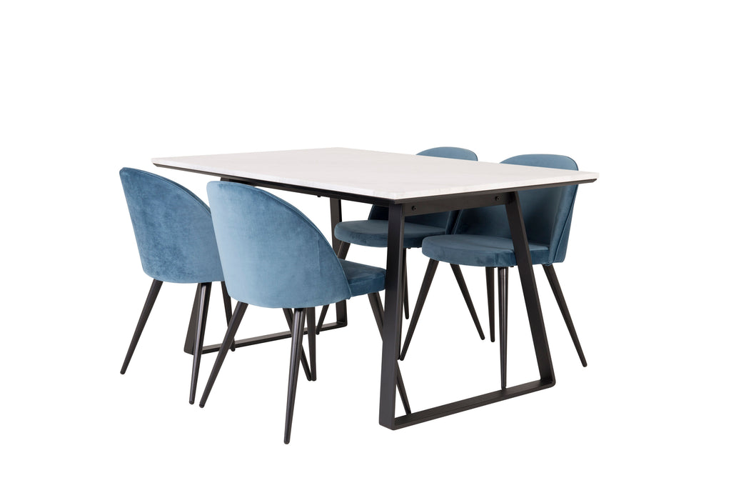 Estelle matbord 140x90 vit marmor/svarta ben med 4 sammet matstolar blå/svarta