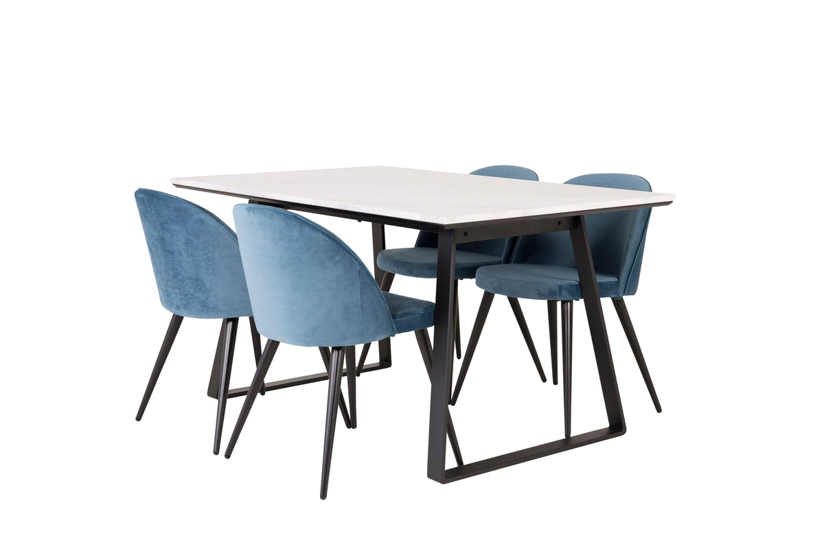 Estelle matbord 140x90 vit marmor/svarta ben med 4 sammet matstolar blå/svarta