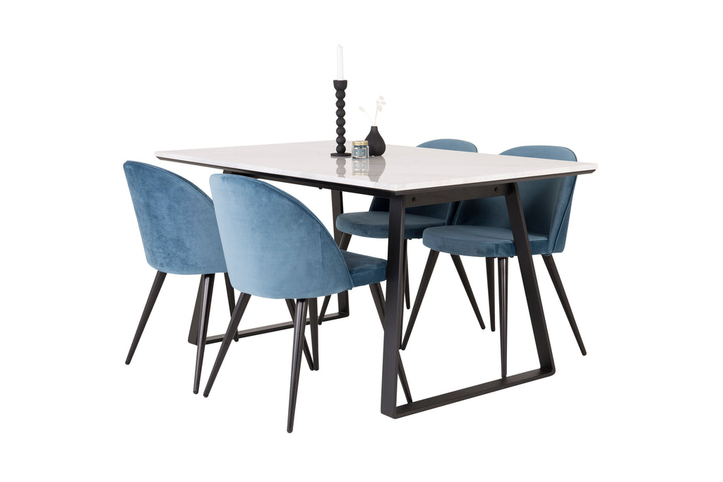 Estelle matbord 140x90 vit marmor/svarta ben med 4 sammet matstolar blå/svarta