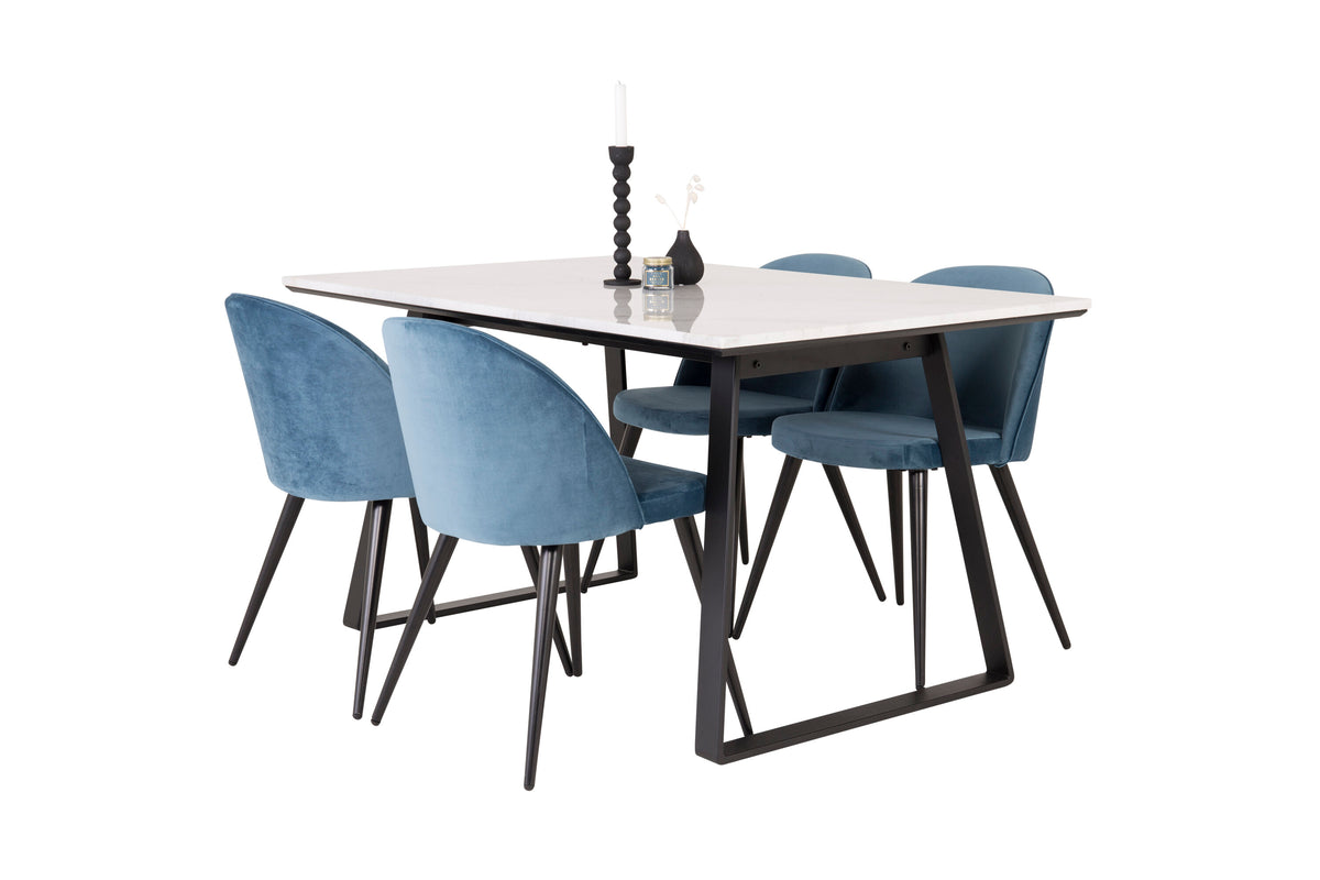Estelle matbord 140x90 vit marmor/svarta ben med 4 sammet matstolar blå/svarta
