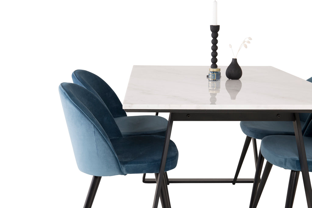 Estelle matbord 140x90 vit marmor/svarta ben med 4 sammet matstolar blå/svarta