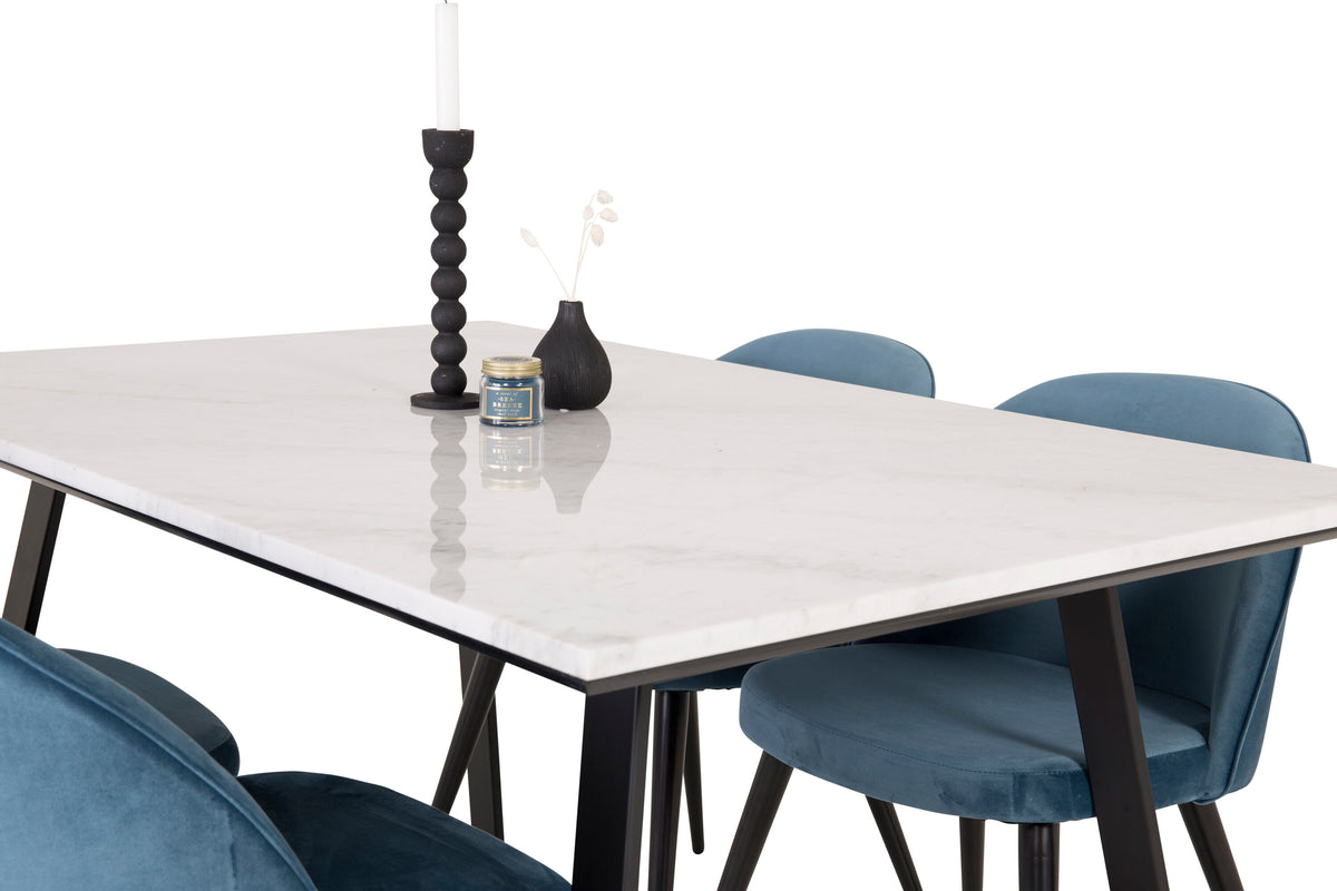 Estelle matbord 140x90 vit marmor/svarta ben med 4 sammet matstolar blå/svarta