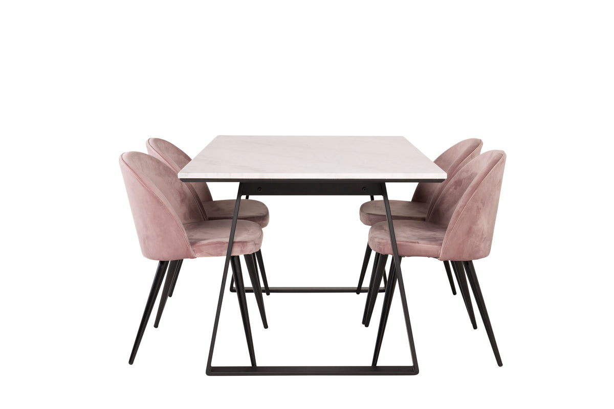 Estelle matbord 140x90 vit marmor/svarta ben med 4 sammet matstolar rosa/svarta