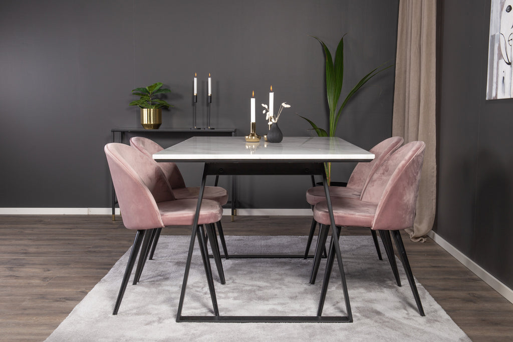 Estelle matbord 140x90 vit marmor/svarta ben med 4 sammet matstolar rosa/svarta