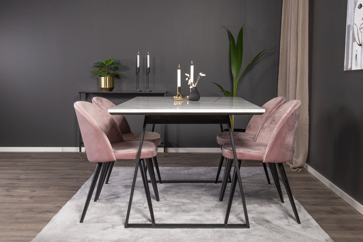 Estelle matbord 140x90 vit marmor/svarta ben med 4 sammet matstolar rosa/svarta