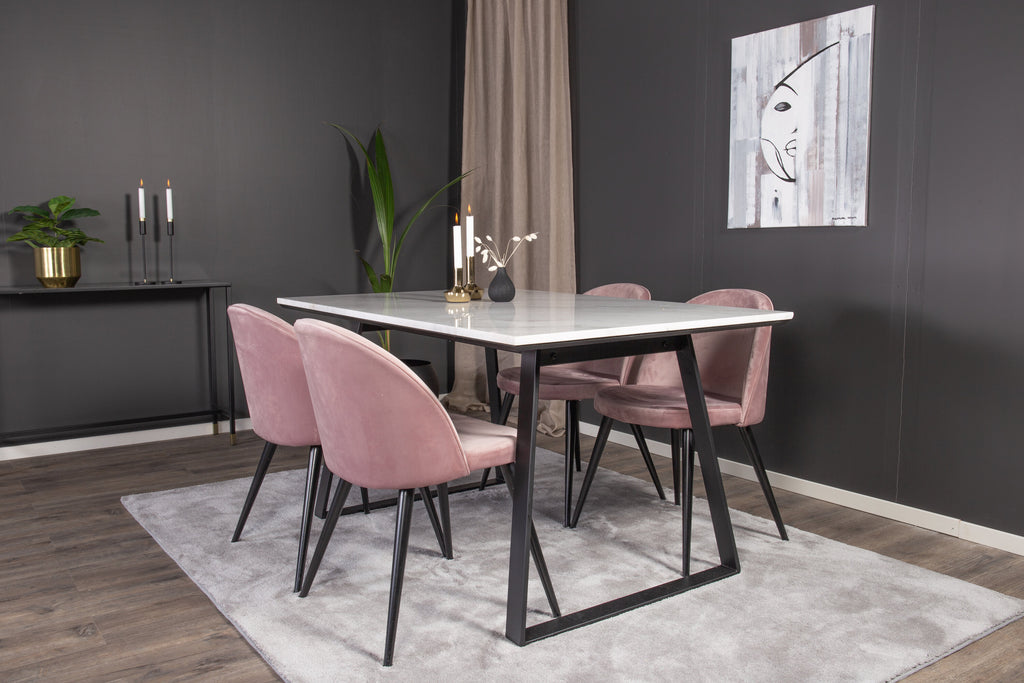 Estelle matbord 140x90 vit marmor/svarta ben med 4 sammet matstolar rosa/svarta