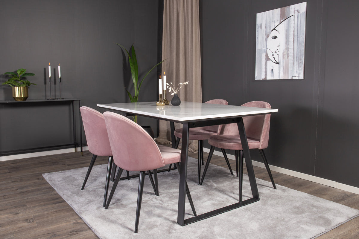 Estelle matbord 140x90 vit marmor/svarta ben med 4 sammet matstolar rosa/svarta