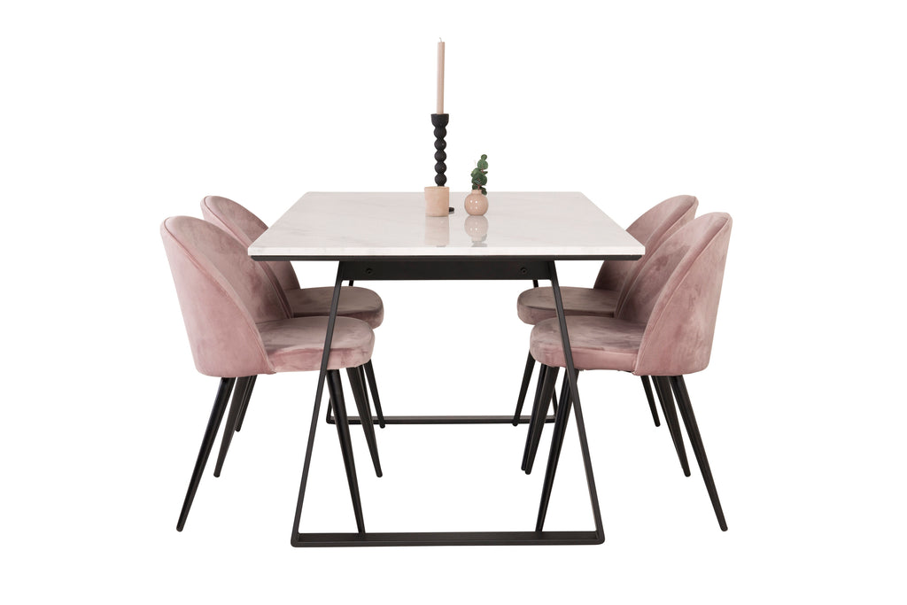 Estelle matbord 140x90 vit marmor/svarta ben med 4 sammet matstolar rosa/svarta