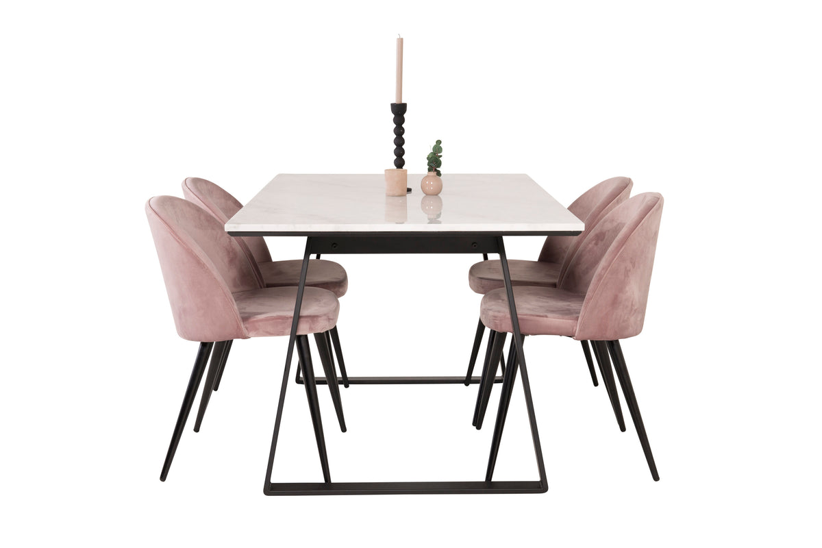 Estelle matbord 140x90 vit marmor/svarta ben med 4 sammet matstolar rosa/svarta