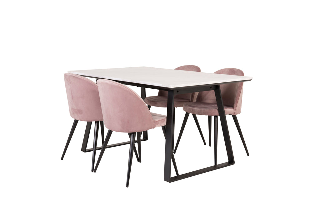 Estelle matbord 140x90 vit marmor/svarta ben med 4 sammet matstolar rosa/svarta