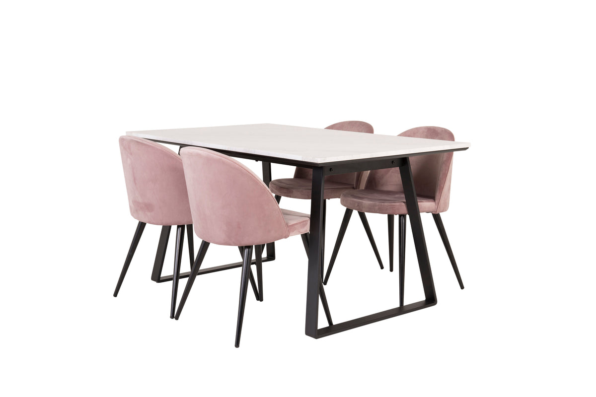 Estelle matbord 140x90 vit marmor/svarta ben med 4 sammet matstolar rosa/svarta