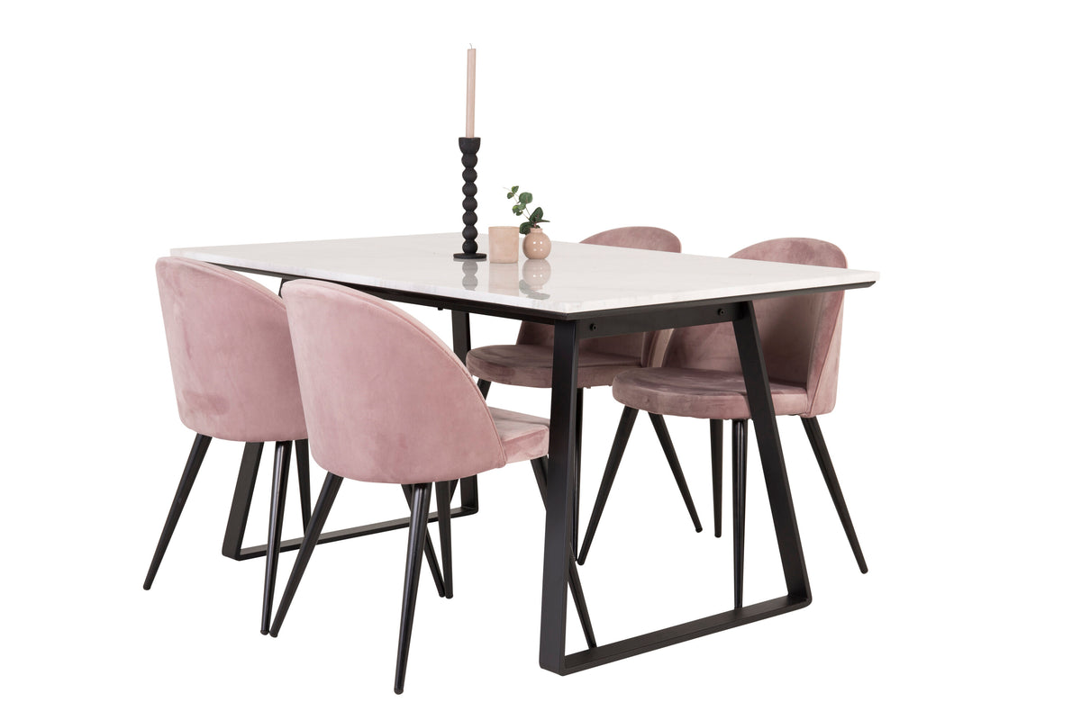 Estelle matbord 140x90 vit marmor/svarta ben med 4 sammet matstolar rosa/svarta