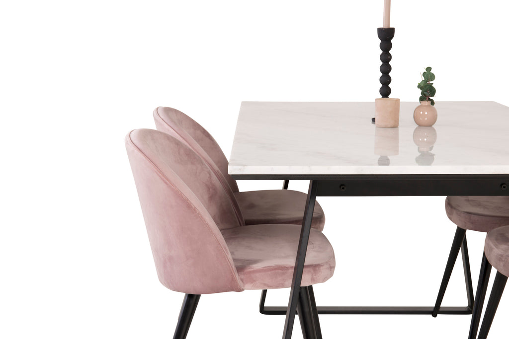 Estelle matbord 140x90 vit marmor/svarta ben med 4 sammet matstolar rosa/svarta