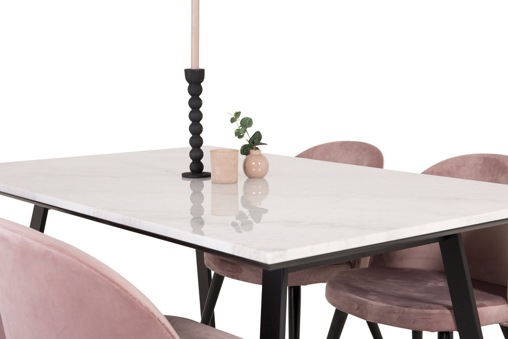 Estelle matbord 140x90 vit marmor/svarta ben med 4 sammet matstolar rosa/svarta