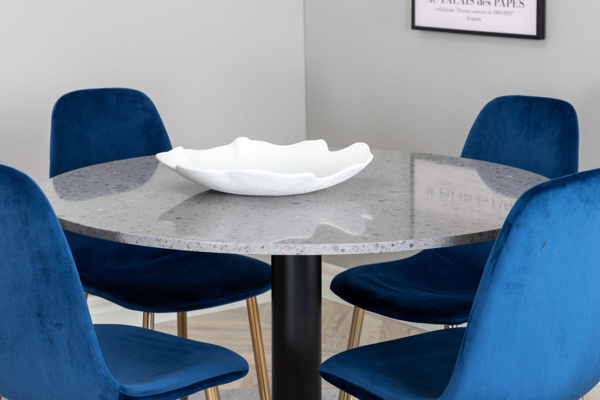 Razzia matbord 106cm grå terrazzo/svart med Polar matstol matt mässing