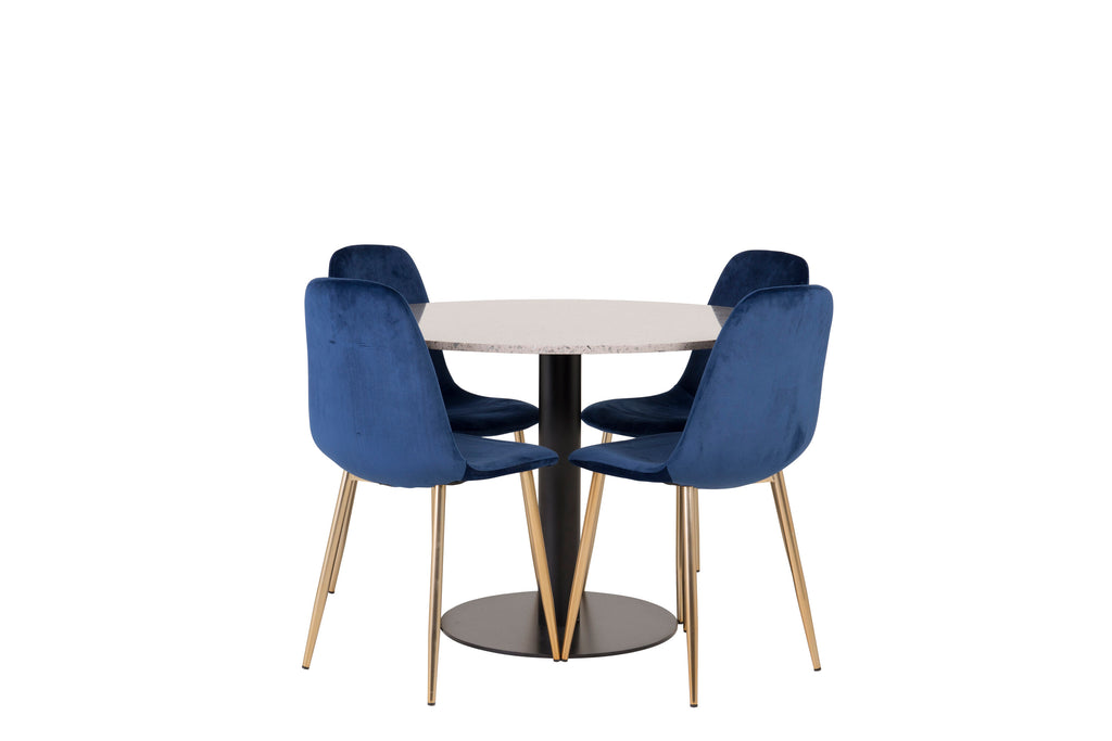 Razzia matbord 106cm grå terrazzo/svart med Polar matstol matt mässing