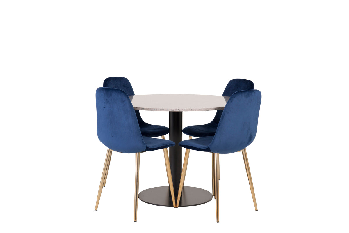 Razzia matbord 106cm grå terrazzo/svart med Polar matstol matt mässing