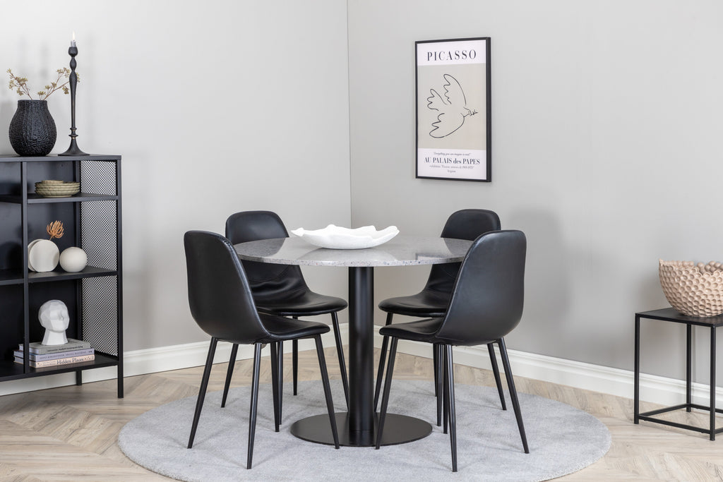 Razzia matbord 106cm grå terrazzo/svart med Polar matstol svart/svart