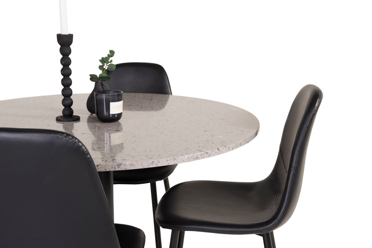 Razzia matbord 106cm grå terrazzo/svart med Polar matstol svart/svart