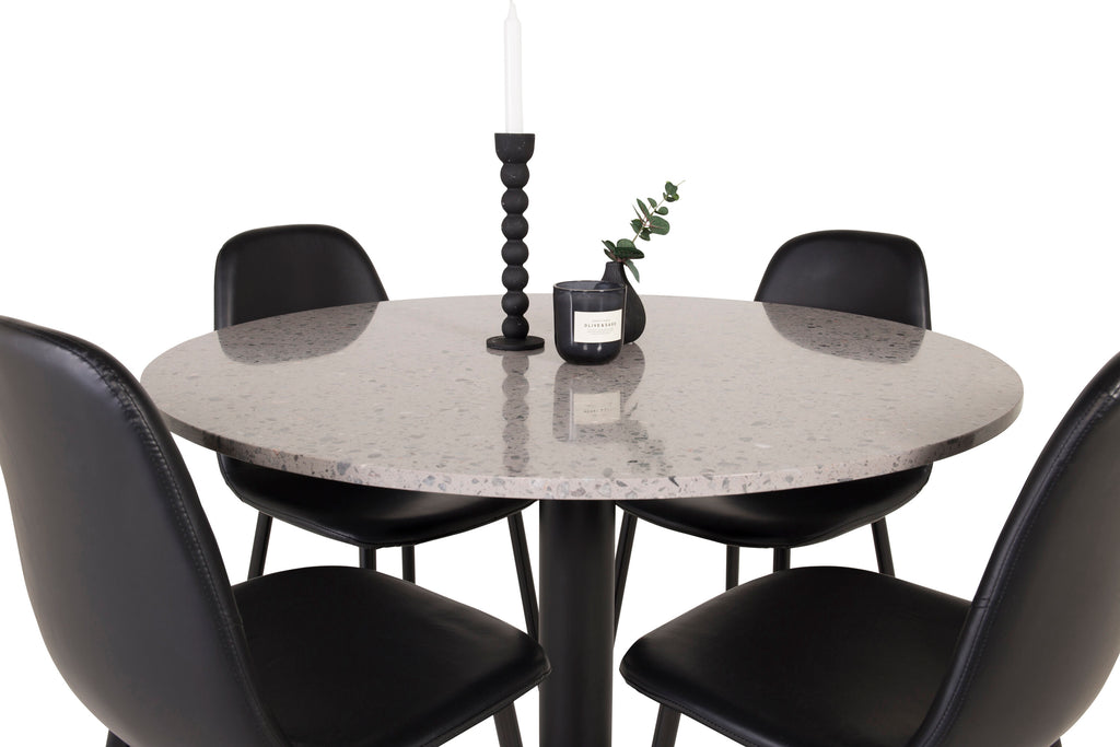 Razzia matbord 106cm grå terrazzo/svart med Polar matstol svart/svart