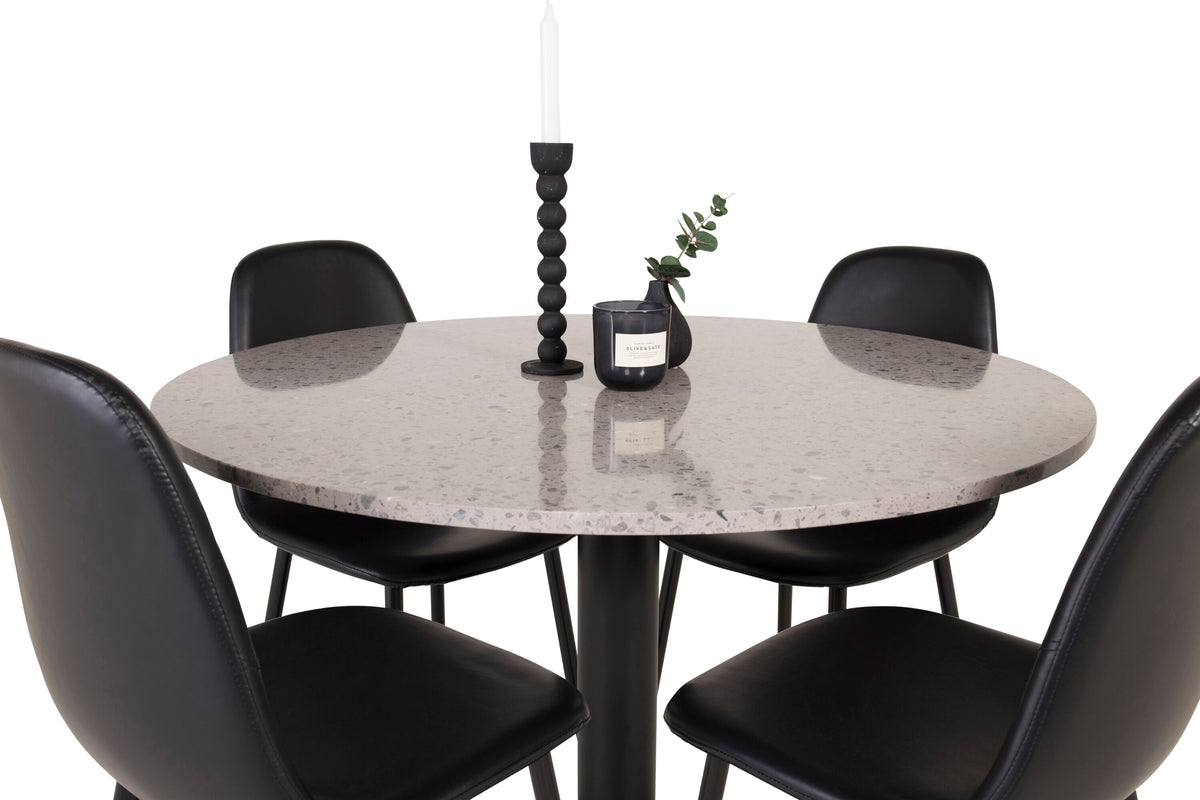 Razzia matbord 106cm grå terrazzo/svart med Polar matstol svart/svart