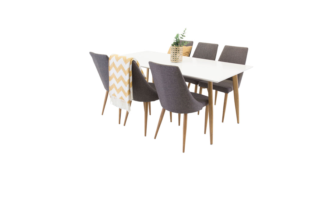 Polar matbord ekimitation/vit 180*90*H75 med 6 Leone matstolar ek/mörkgrå