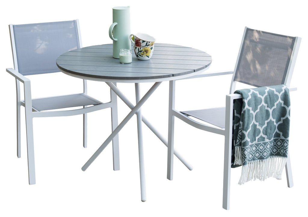 Parma cafébord ø90 vit aluminium/grå aintwood med Copacabana karmstol stapelbar vit