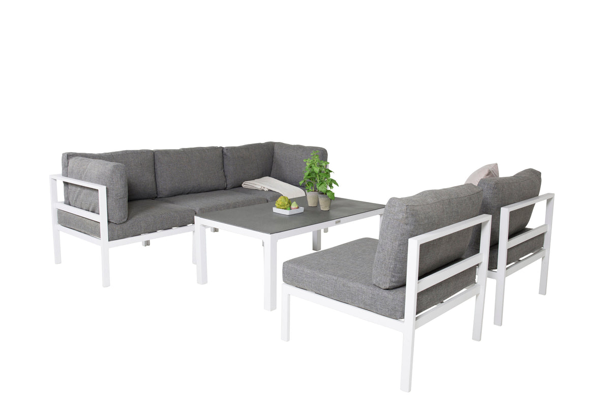 Copacabana loungeset 5 delar vit aluminium/grå dyna med Copacabana soffbord