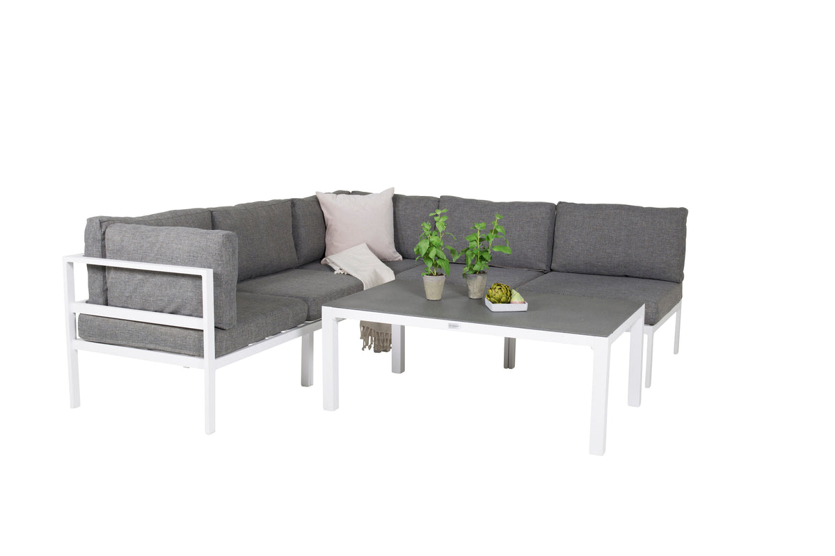 Copacabana loungeset 5 delar vit aluminium/grå dyna med Copacabana soffbord