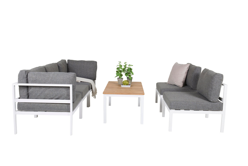 Copacabana hörndel vit aluminium/grå dyna med Brasilia soffbord 60x110x55