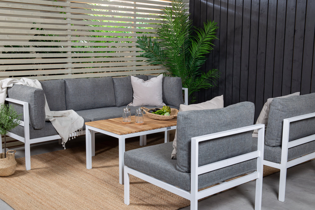 Copacabana hörndel vit aluminium/grå dyna med Brasilia soffbord 60x110x55