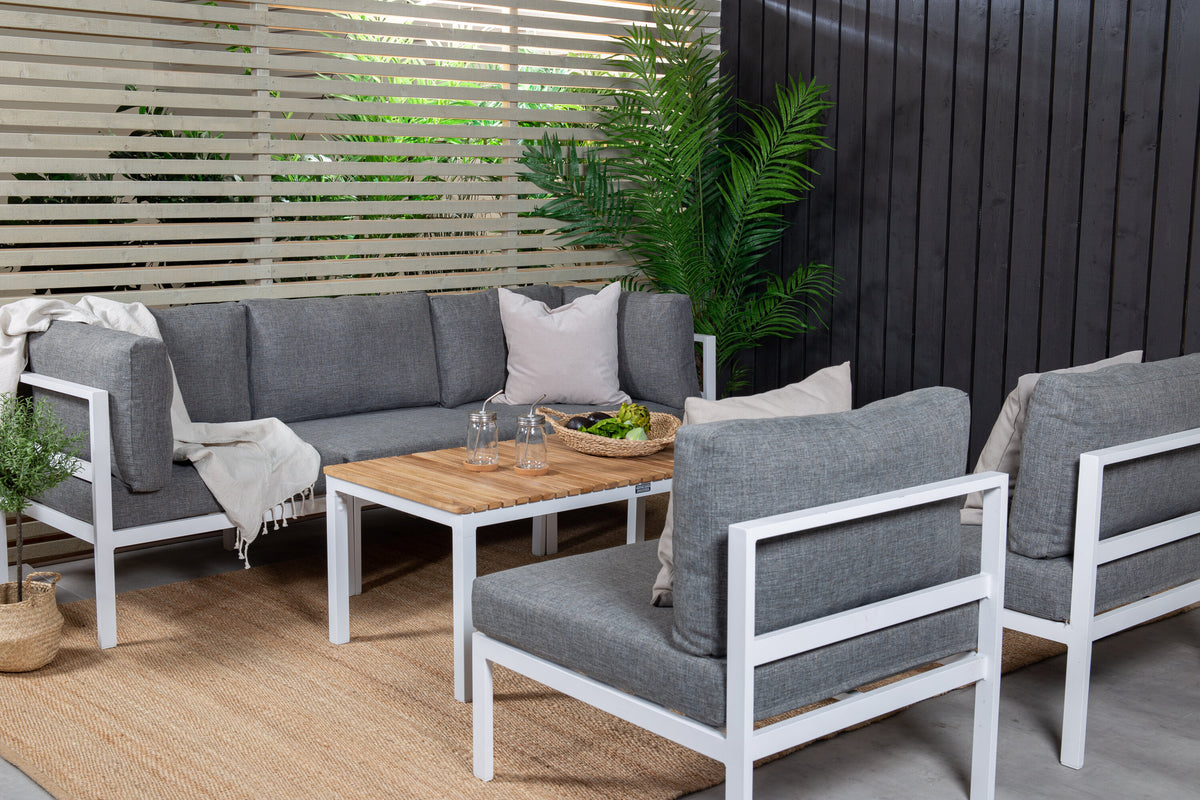 Copacabana hörndel vit aluminium/grå dyna med Brasilia soffbord 60x110x55